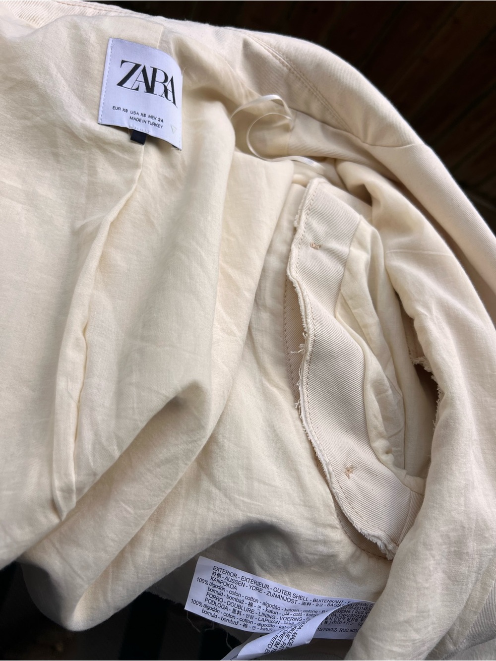 Zara XS S Cropped Denim Trench Jacket Ivory Raw Hem Belted Cotton Utility Blazer - Picture 12 of 16